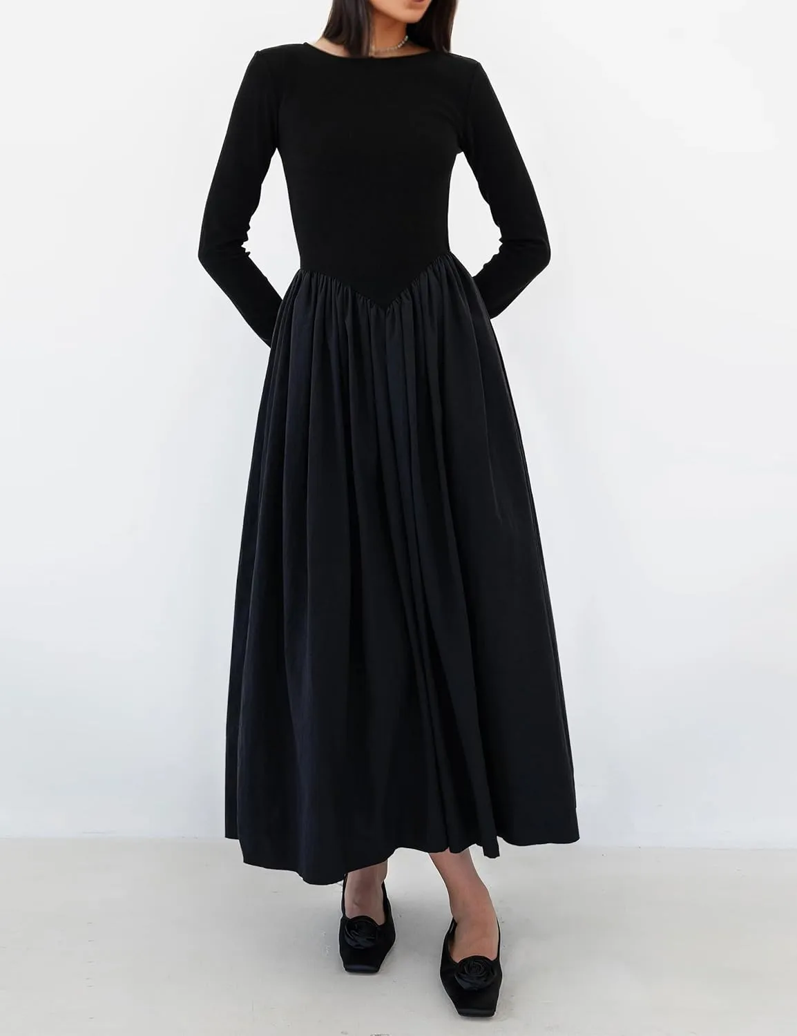 Women Boat Neck Long Sleeve Maxi Dresses Slim Fit Drop-Waist Patchwork Dress Flowy Swing Fall Long Dress