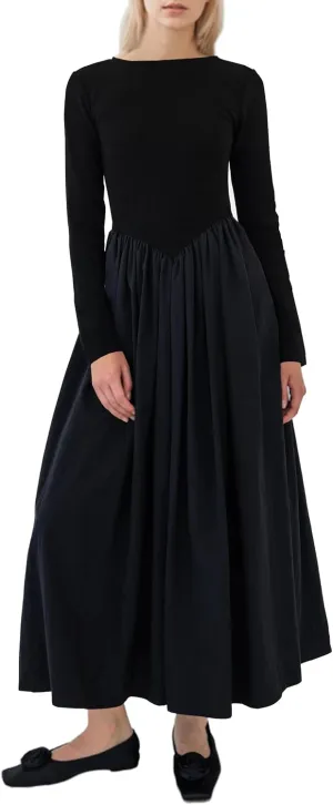 Women Boat Neck Long Sleeve Maxi Dresses Slim Fit Drop-Waist Patchwork Dress Flowy Swing Fall Long Dress