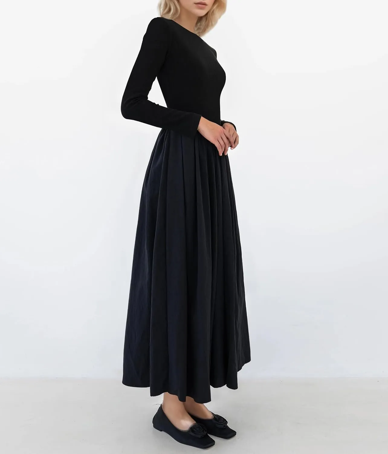 Women Boat Neck Long Sleeve Maxi Dresses Slim Fit Drop-Waist Patchwork Dress Flowy Swing Fall Long Dress