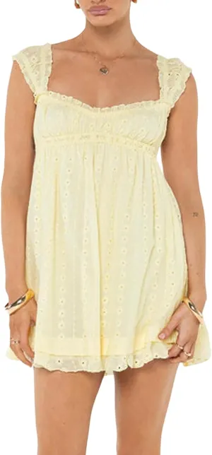 Women Summer Mini Dress Casual Loose Floral Embroidery Ruffle A Line Dress Sleeveless Backless Short Beach Sundress
