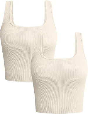 Women's 2-Pack Crop Tops Rib-Knit Seamless Workout Exercise Shirts Yoga Tank Tops