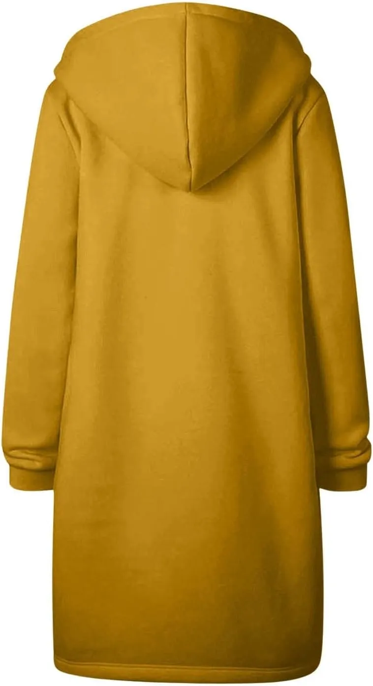 Womens Casual Zip Up Hoodies Fleece Tunic Long Sweatshirts Fall Winter Windproof Hooded Jacket Outerwear with Pockets