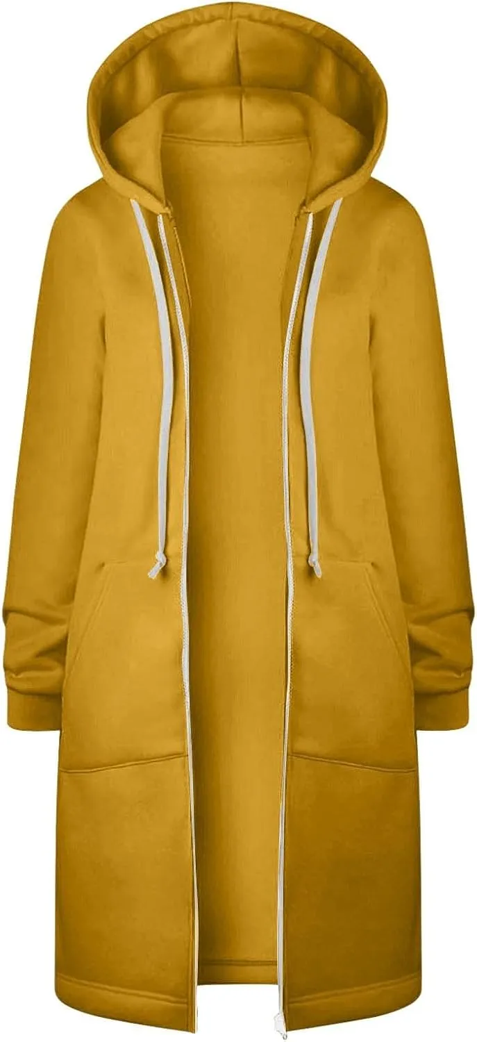 Womens Casual Zip Up Hoodies Fleece Tunic Long Sweatshirts Fall Winter Windproof Hooded Jacket Outerwear with Pockets