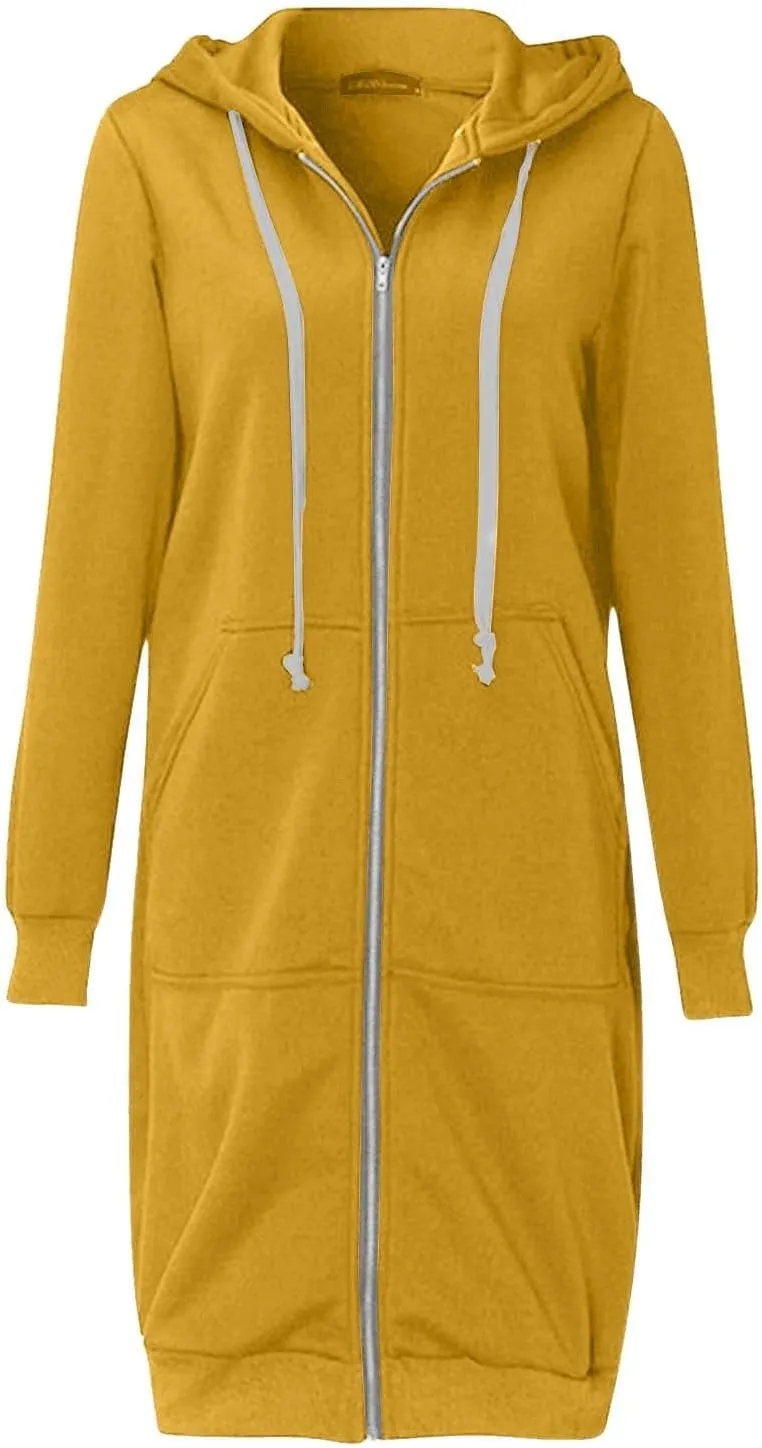 Womens Casual Zip Up Hoodies Fleece Tunic Long Sweatshirts Fall Winter Windproof Hooded Jacket Outerwear with Pockets