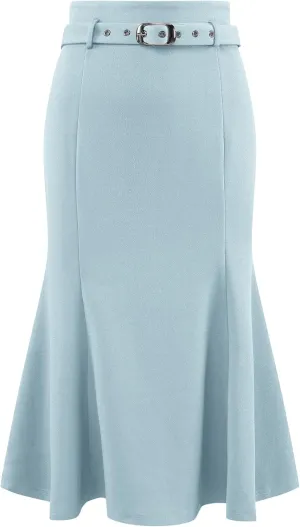 Women's Elegant Fishtail Skirt High Waist Belted Work Midi Mermaid Skirts
