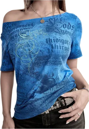 Women's Y2K Off The Shoulder Tops Short Sleeve Letter Graphic Tees Goth T Shirt