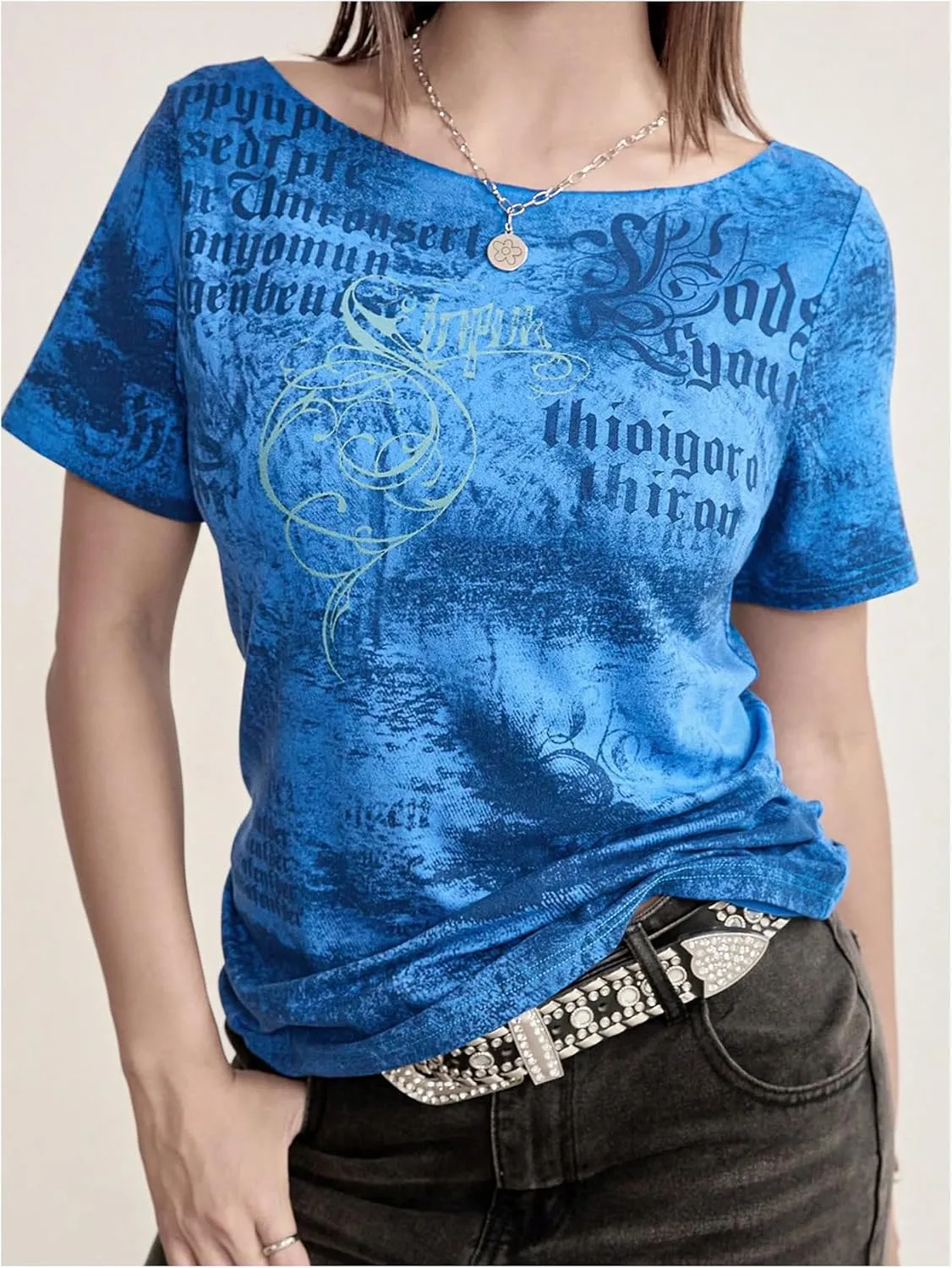 Women's Y2K Off The Shoulder Tops Short Sleeve Letter Graphic Tees Goth T Shirt