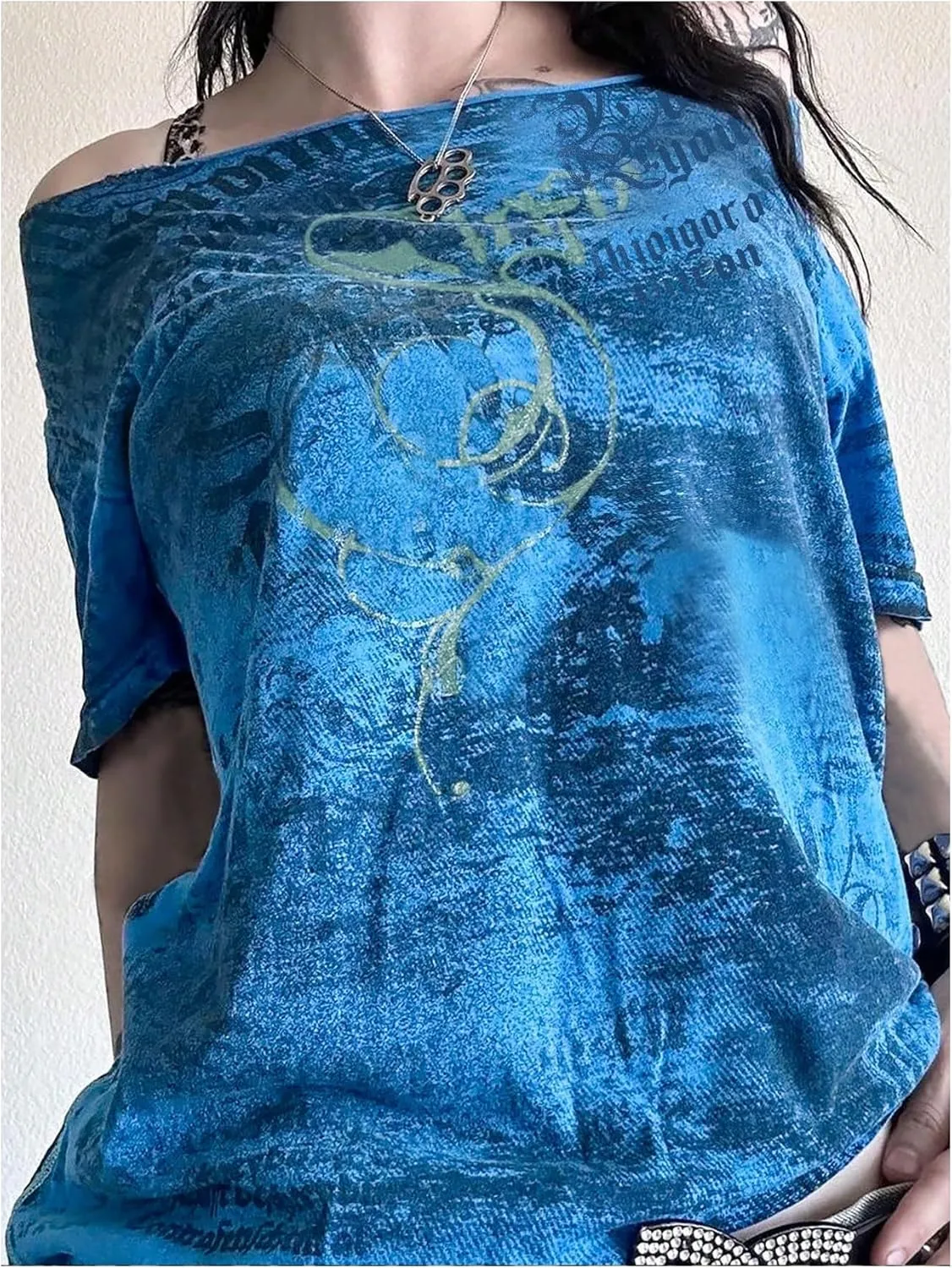 Women's Y2K Off The Shoulder Tops Short Sleeve Letter Graphic Tees Goth T Shirt
